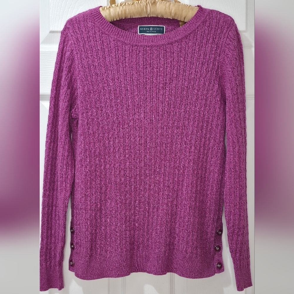 Karen Scott Magenta Cowl Neck Sweater 100% Cotton Petites Medium